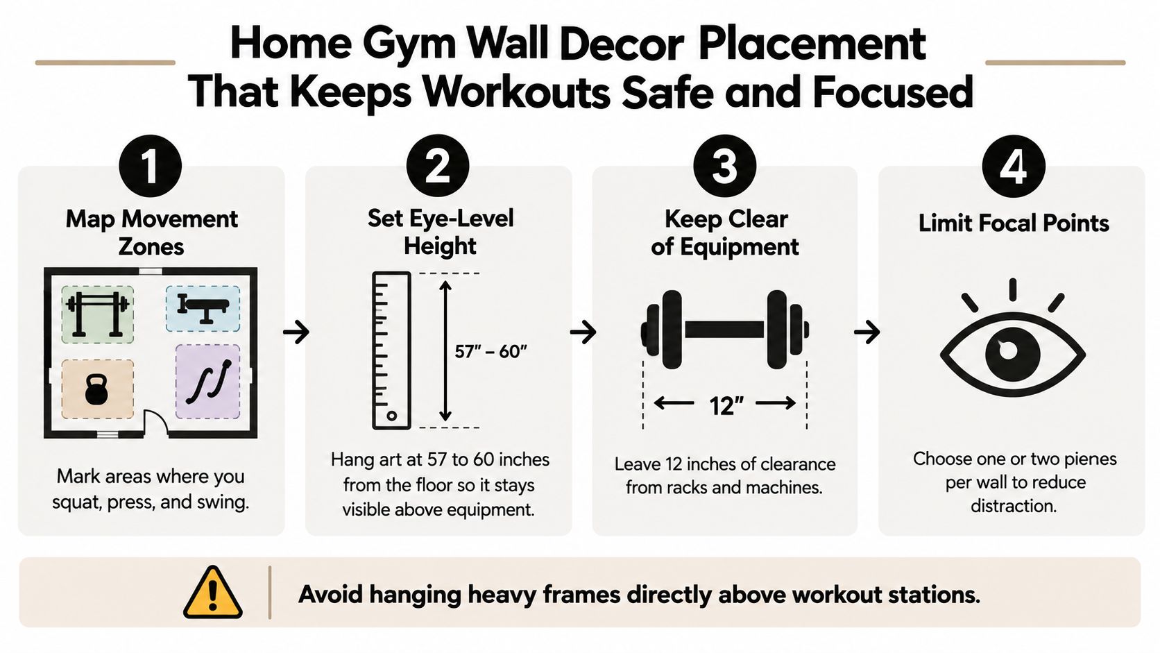 An infographic showing four steps for safely placing wall decor in a home gym environment.
