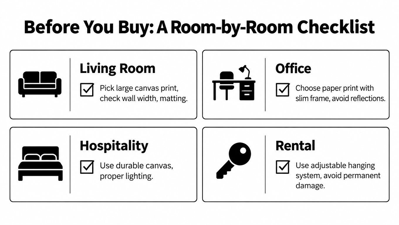 A checklist graphic providing tips for buying and displaying art prints in living rooms, offices, hospitality, and rental spaces.