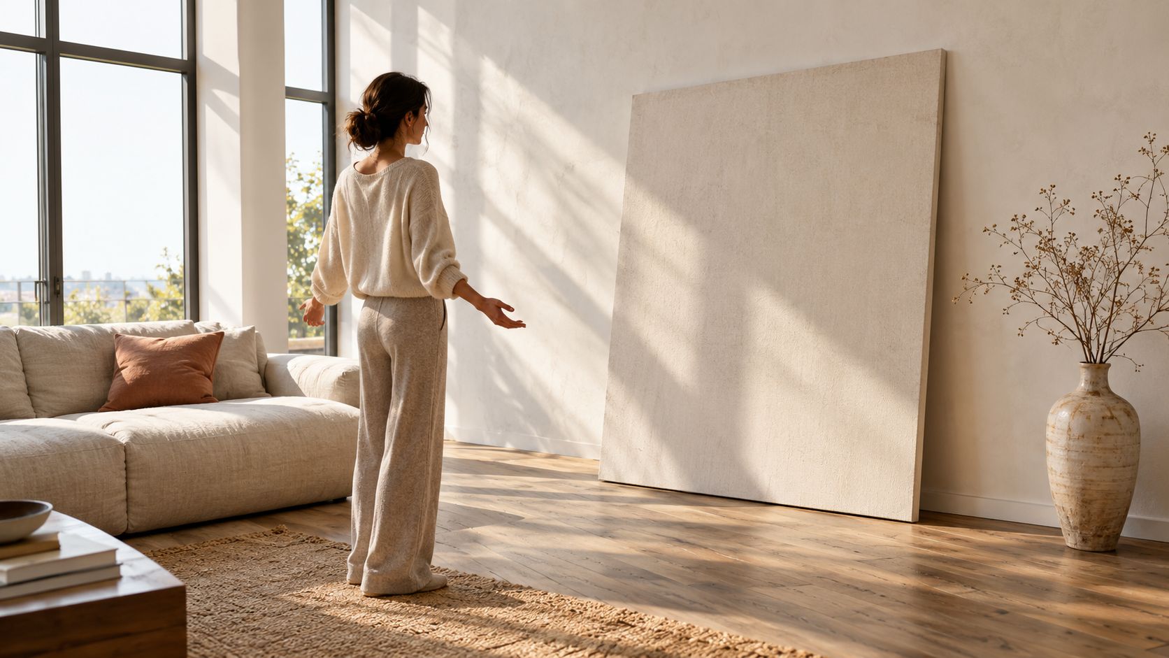 A woman stands in a bright minimalist living room admiring a large blank canvas leaning against the wall.