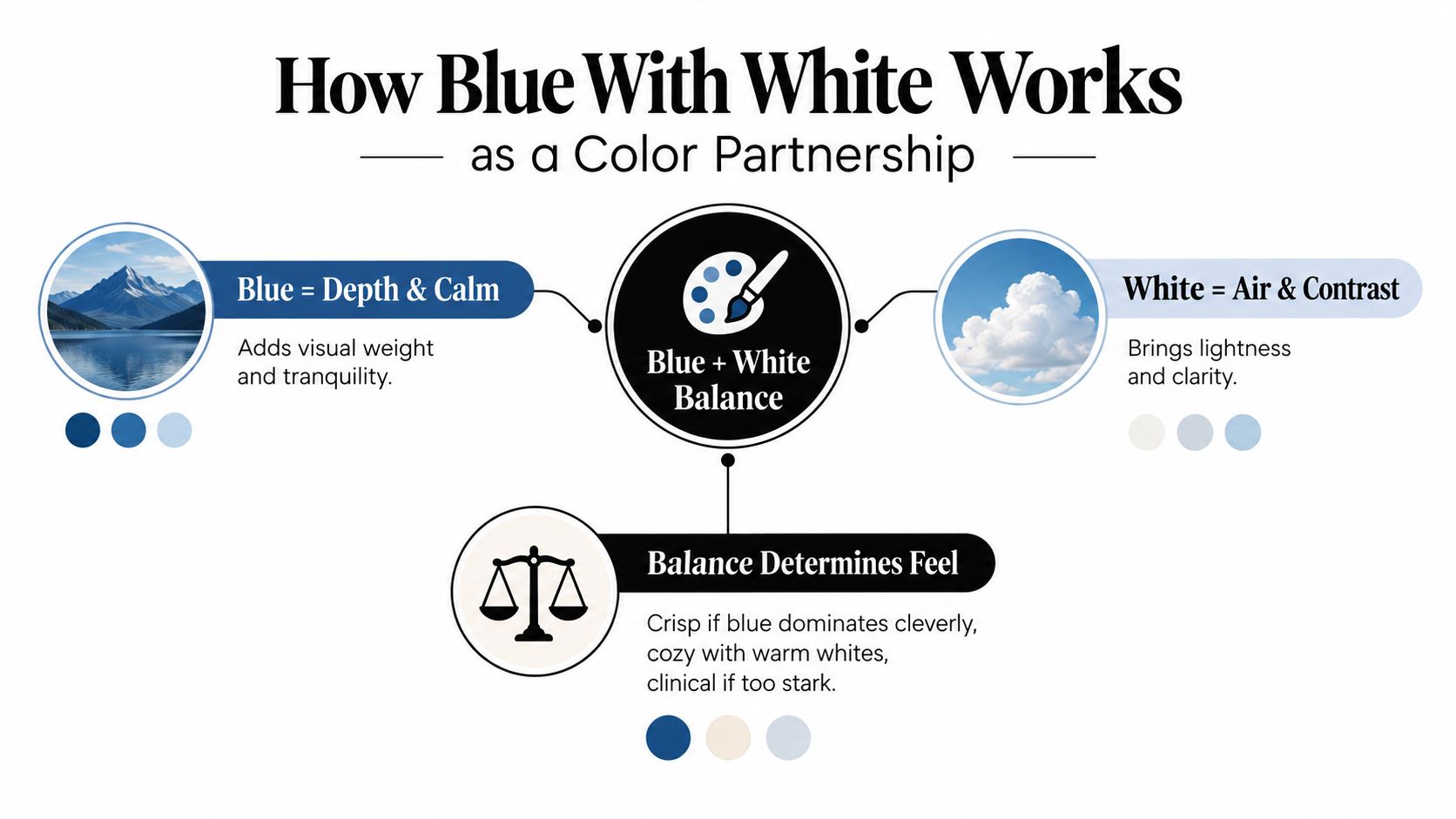 An infographic explaining the psychological impact and design balance of using a blue and white color palette.