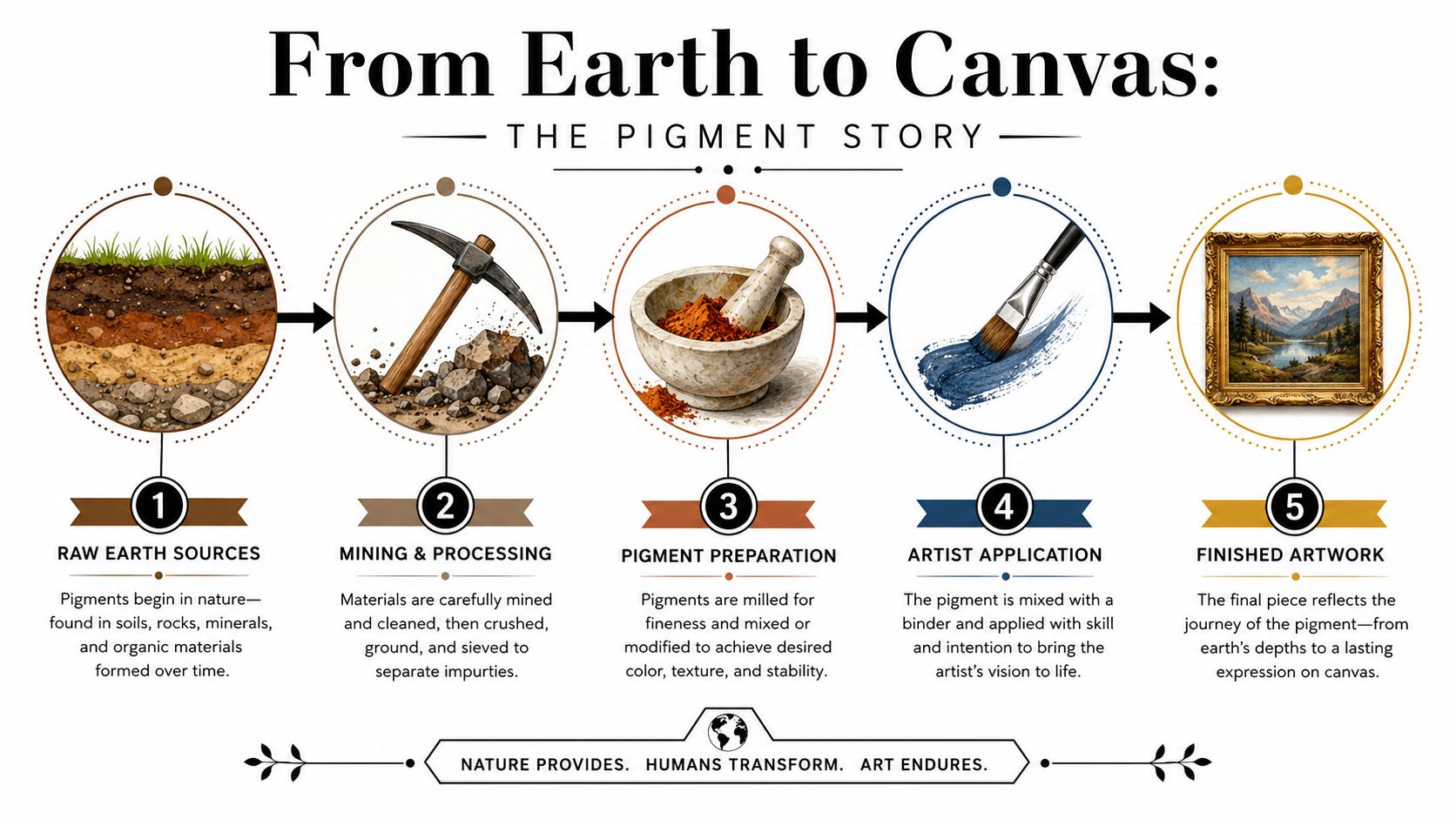 An infographic illustrating the five-step process of turning raw earth materials into pigment for oil paintings.
