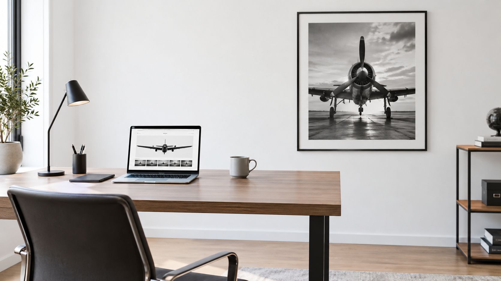 A modern workspace with a wooden desk, a laptop displaying an airplane photo, and framed airplane art.