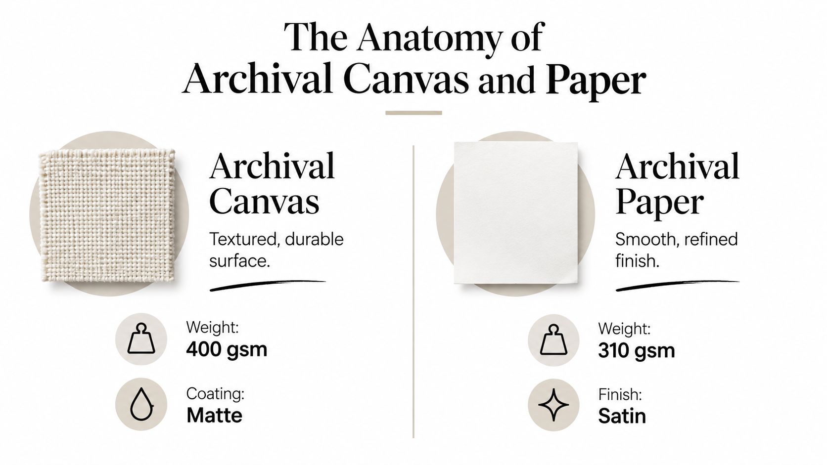 A comparison chart highlighting the texture, weight, and finish of archival canvas versus archival paper materials.