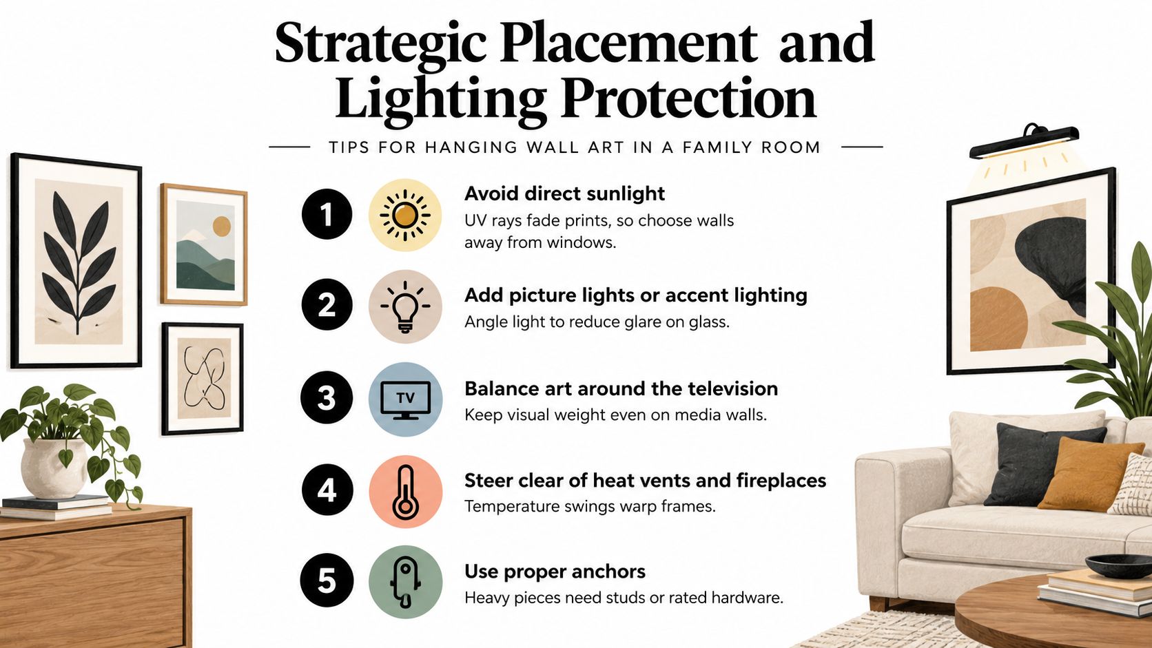 A graphic providing five tips for the strategic placement and lighting protection of wall art in family rooms.