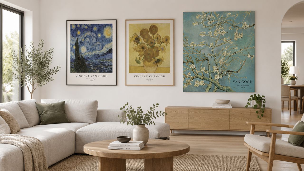 A modern living room featuring three Vincent van Gogh art prints hanging on a minimalist light-colored wall.