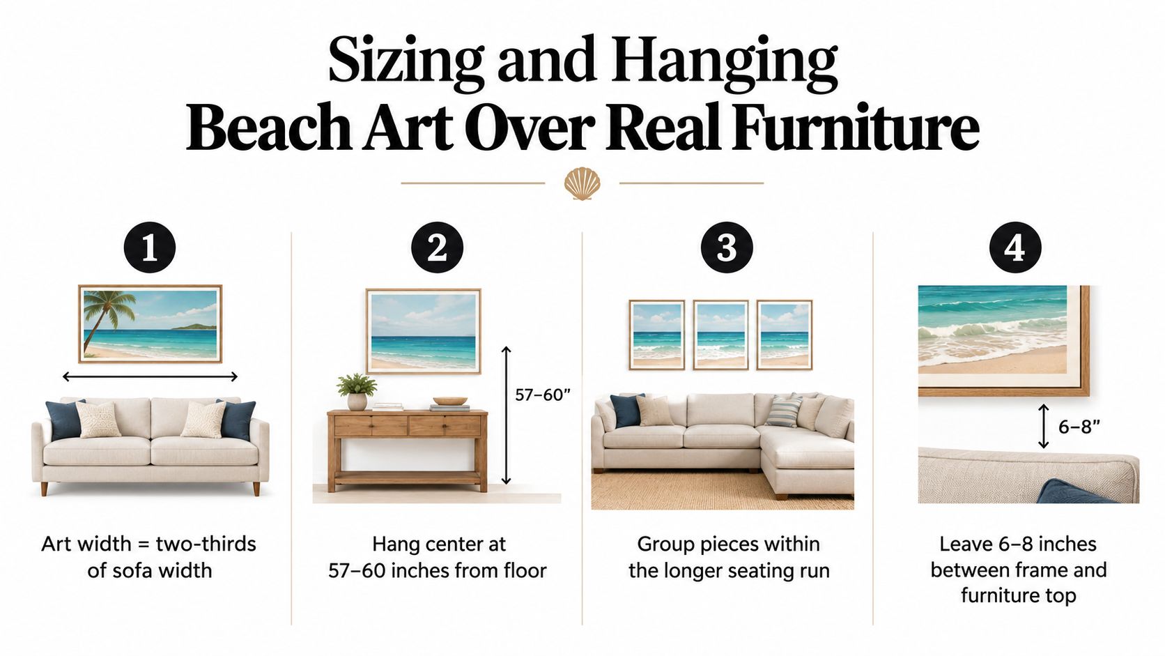 An infographic showing four tips for properly sizing and hanging beach wall art over living room furniture.