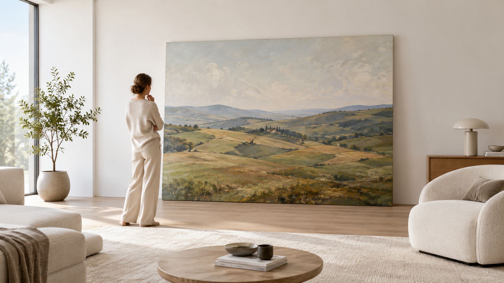 A woman stands in a bright, modern living room observing a large landscape painting of Tuscan hills.