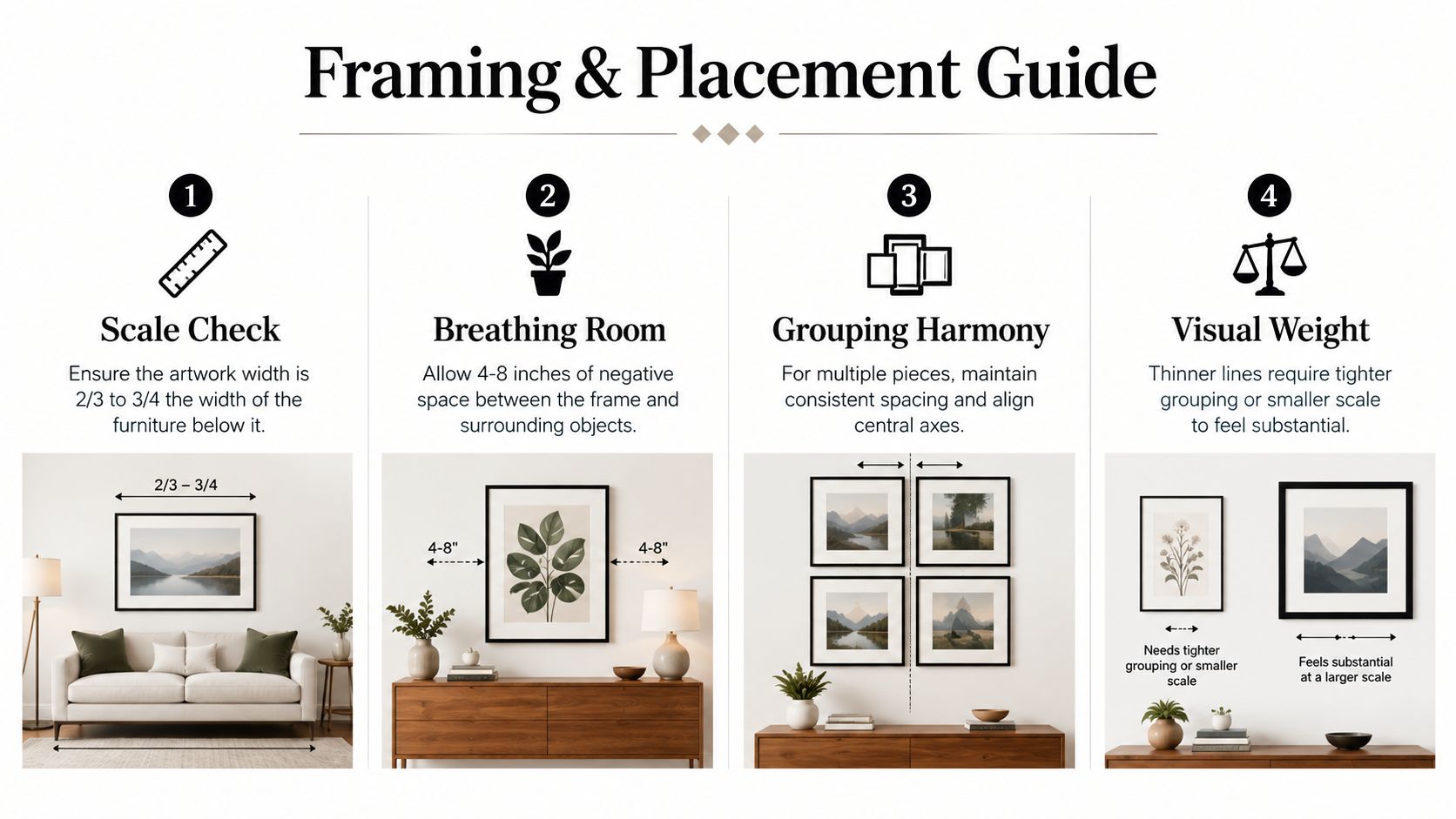 A four-step infographic providing professional interior design advice on framing and placing wall art above furniture.