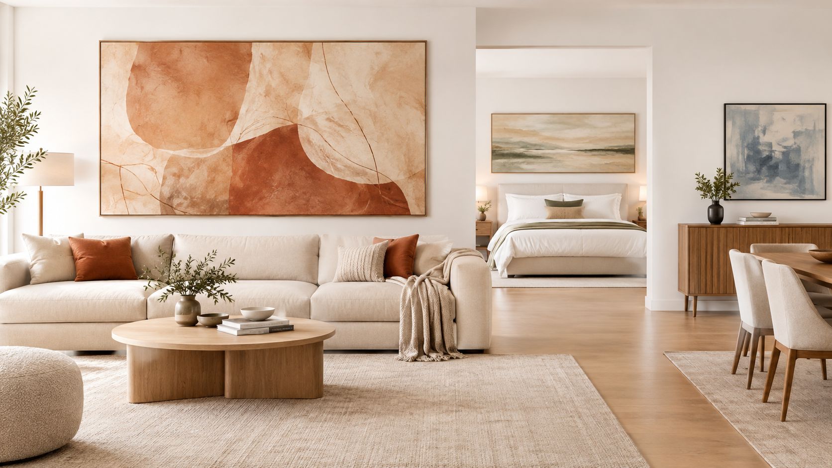 A modern, minimalist living room featuring a large abstract wall art piece with warm earthy tones.