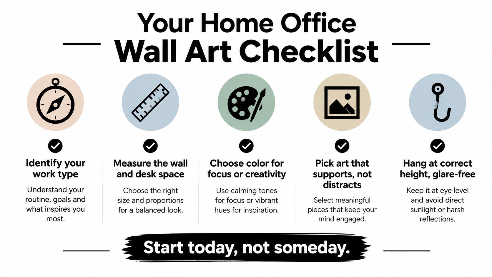 A five-step checklist infographic for decorating home office walls with inspiring and balanced art pieces.