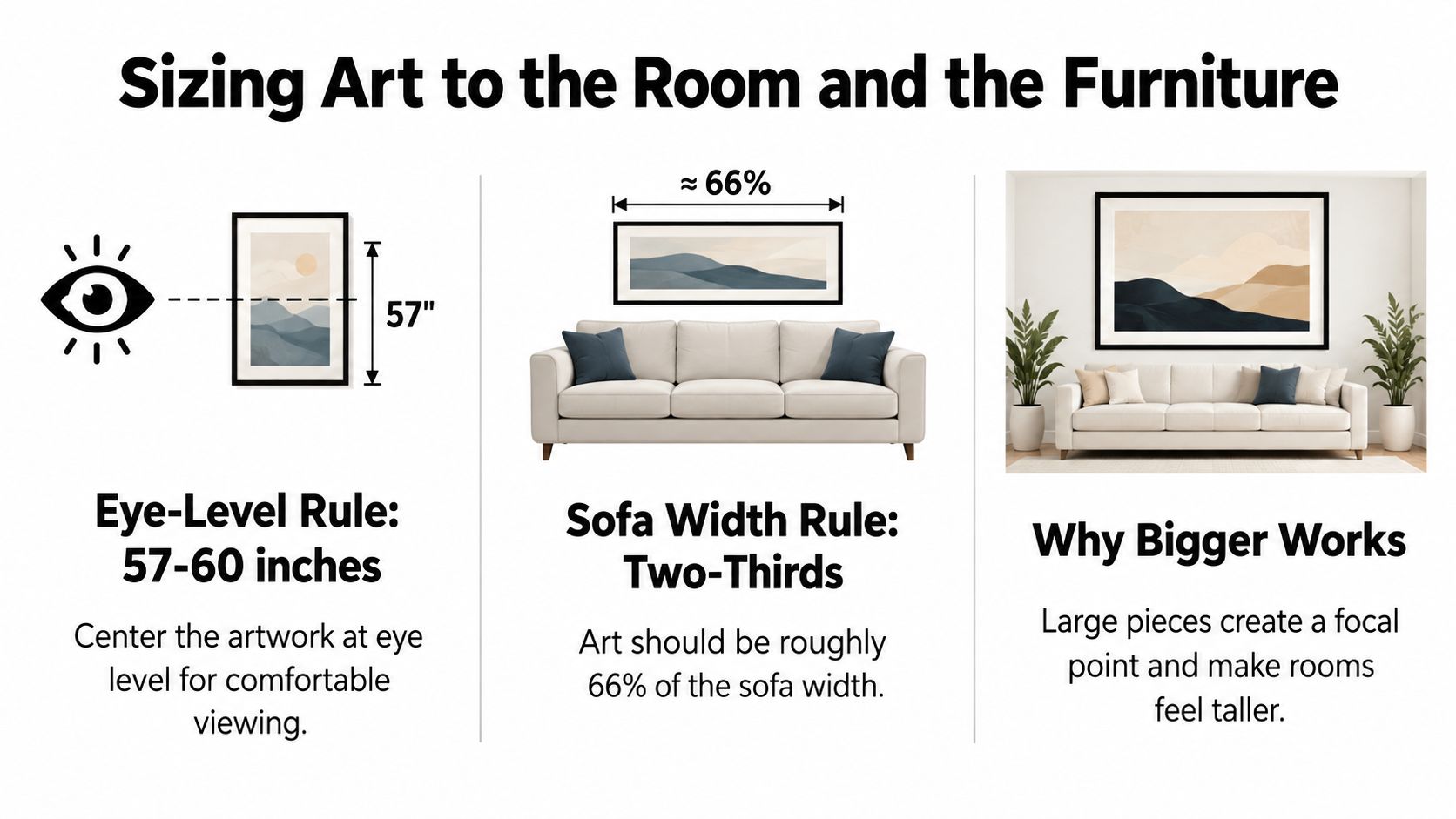 An infographic illustrating how to correctly size and hang artwork above a sofa in a room.