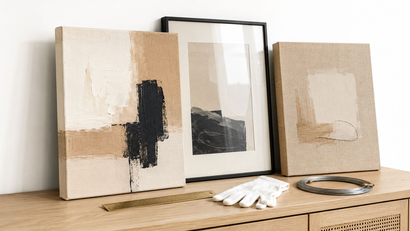 A modern wooden sideboard featuring framed and canvas abstract paintings, a metal ruler, gloves, and hanging wire.