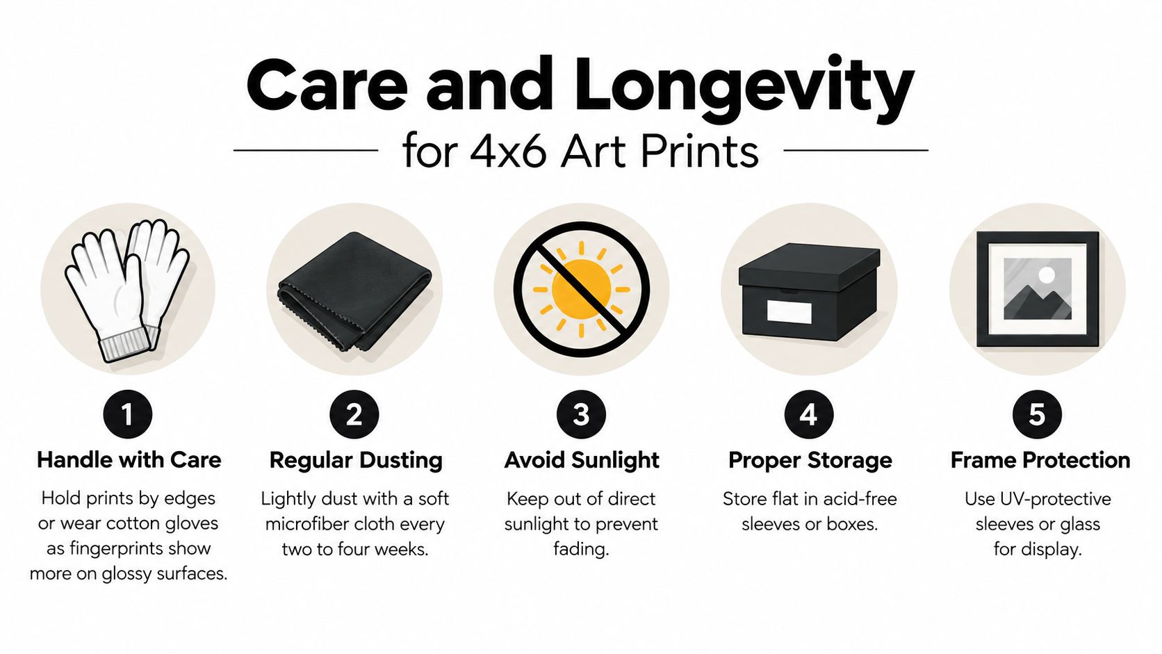 A care guide infographic for 4x6 art prints with five tips on handling, dusting, storage, and framing.