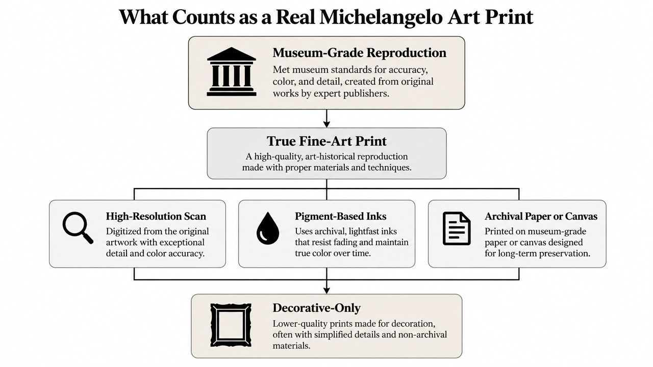 A diagram illustrating the criteria for authentic Michelangelo art prints versus decorative-only reproductions.
