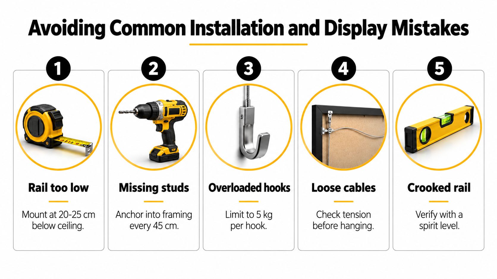 A five-step guide showing common mistakes to avoid when installing picture hanging rails, including measurements and tools.