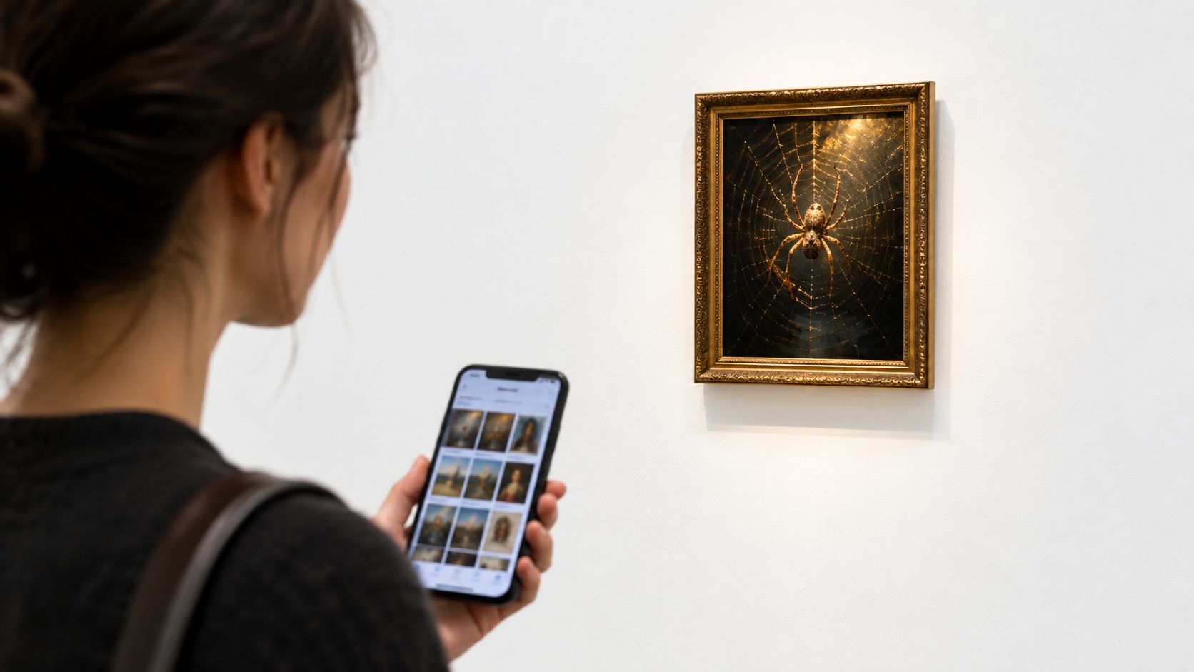 A woman looks at a framed painting of a spider on a gallery wall while using her phone.