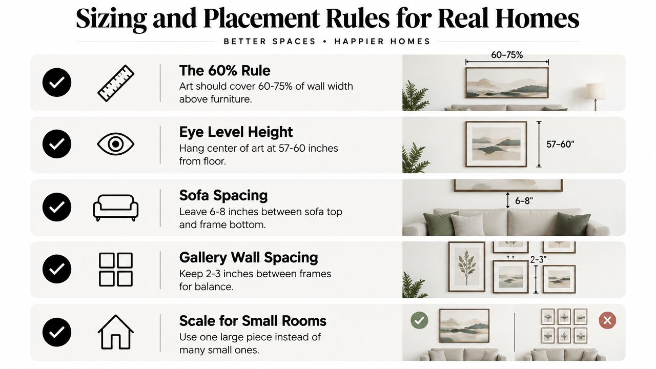 An infographic showing guidelines for sizing and hanging art, including dimensions for spacing, eye-level height, and scale.