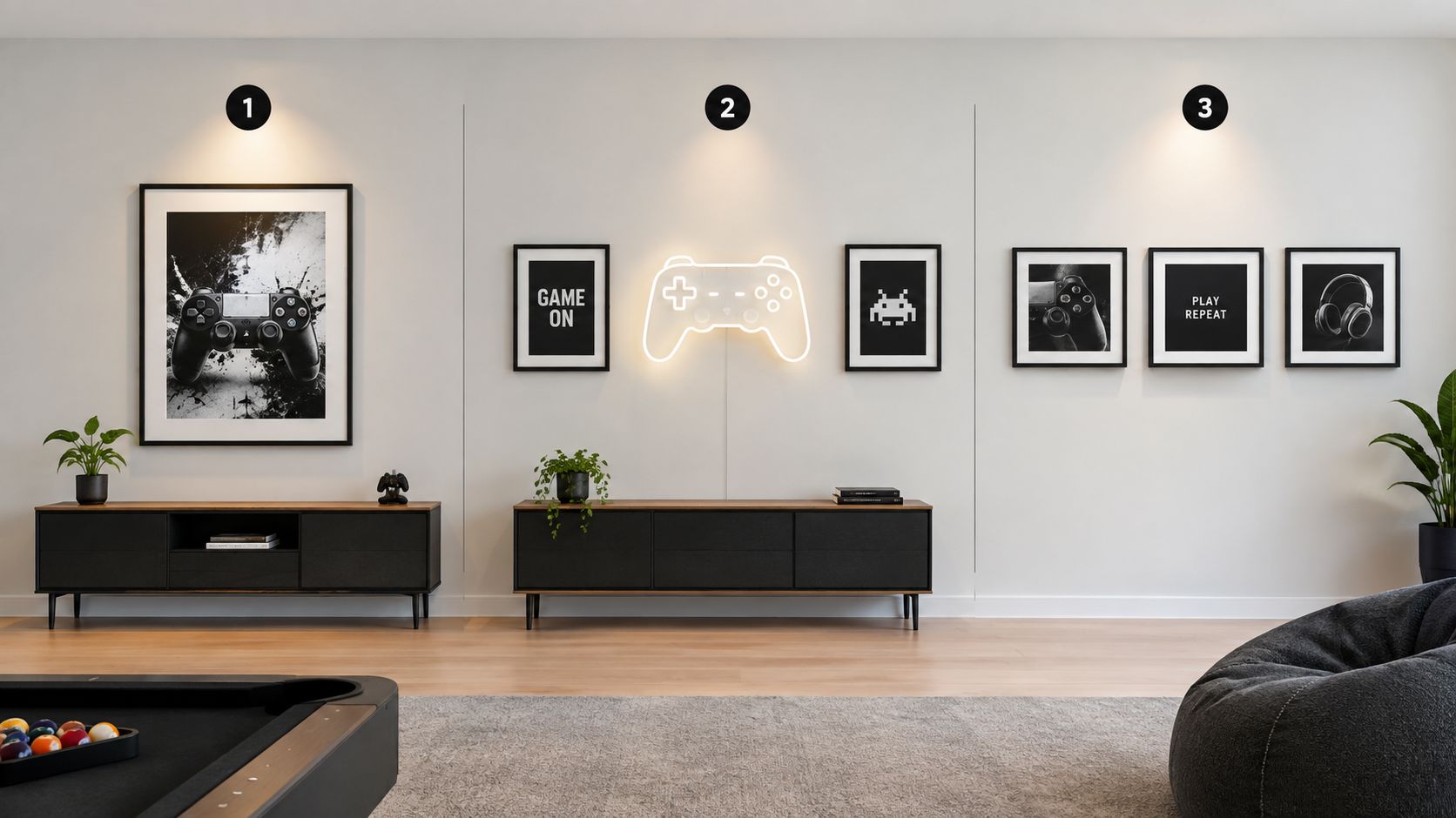 A minimalist modern game room wall featuring framed gaming artwork, a neon controller sign, and media consoles.