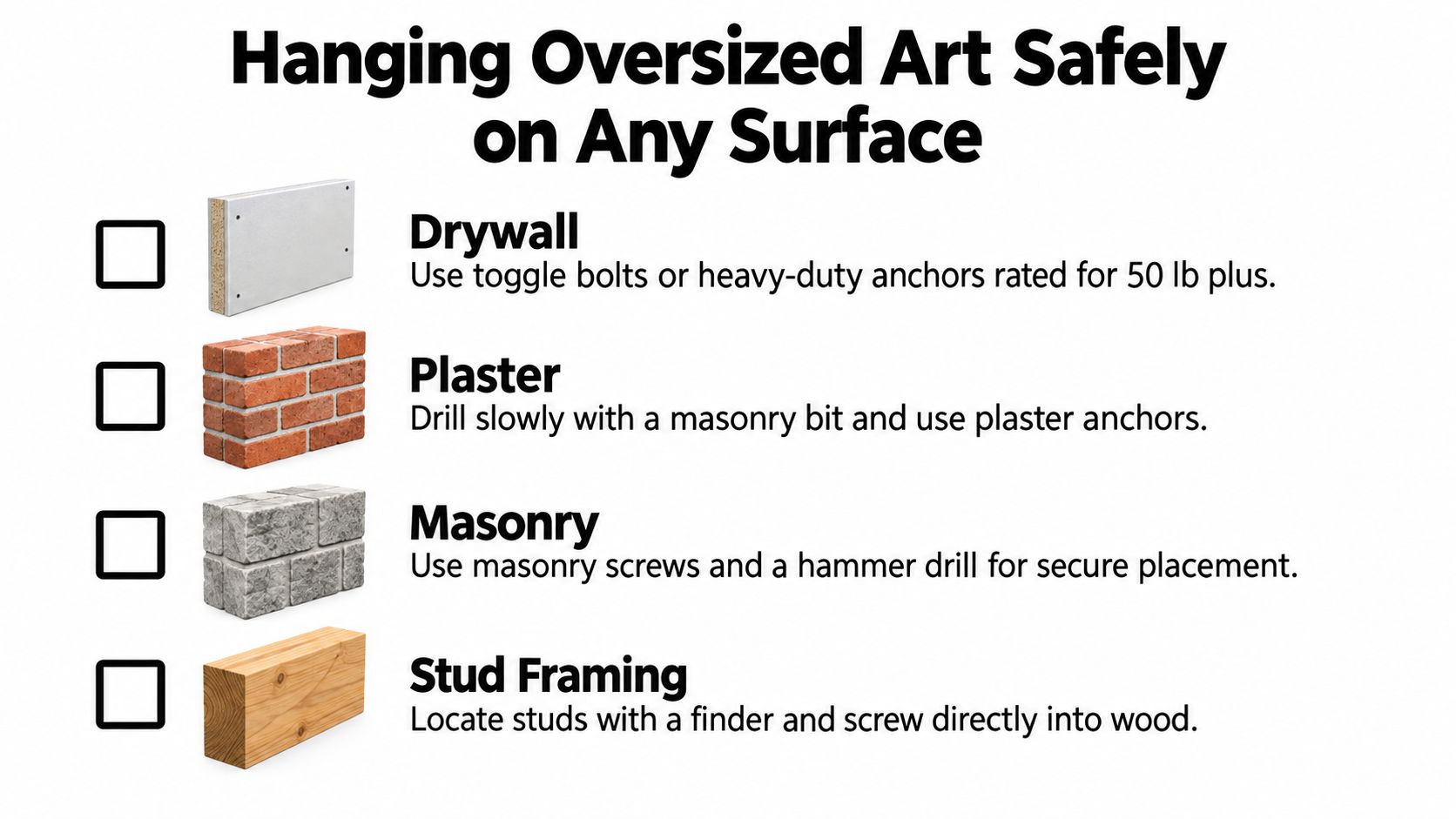 An instructional graphic showing hardware recommendations for hanging large art on drywall, plaster, masonry, and studs.