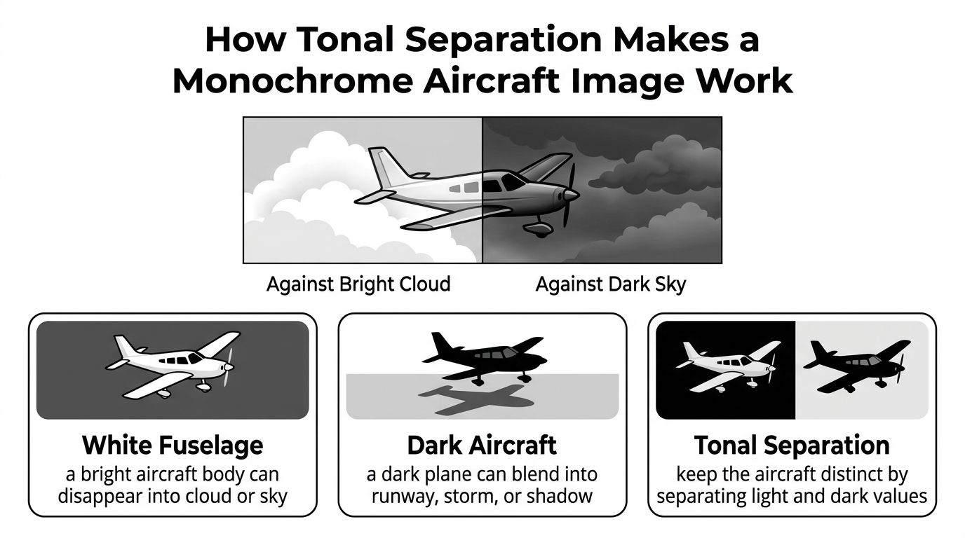 An educational diagram explaining how tonal separation improves visibility for a monochrome aircraft against different backgrounds.