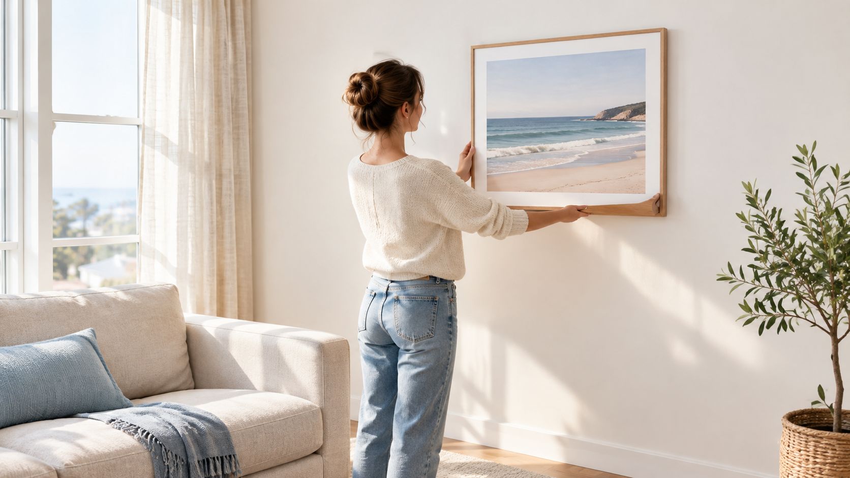A young woman hanging a framed coastal landscape artwork on a bright white living room wall.