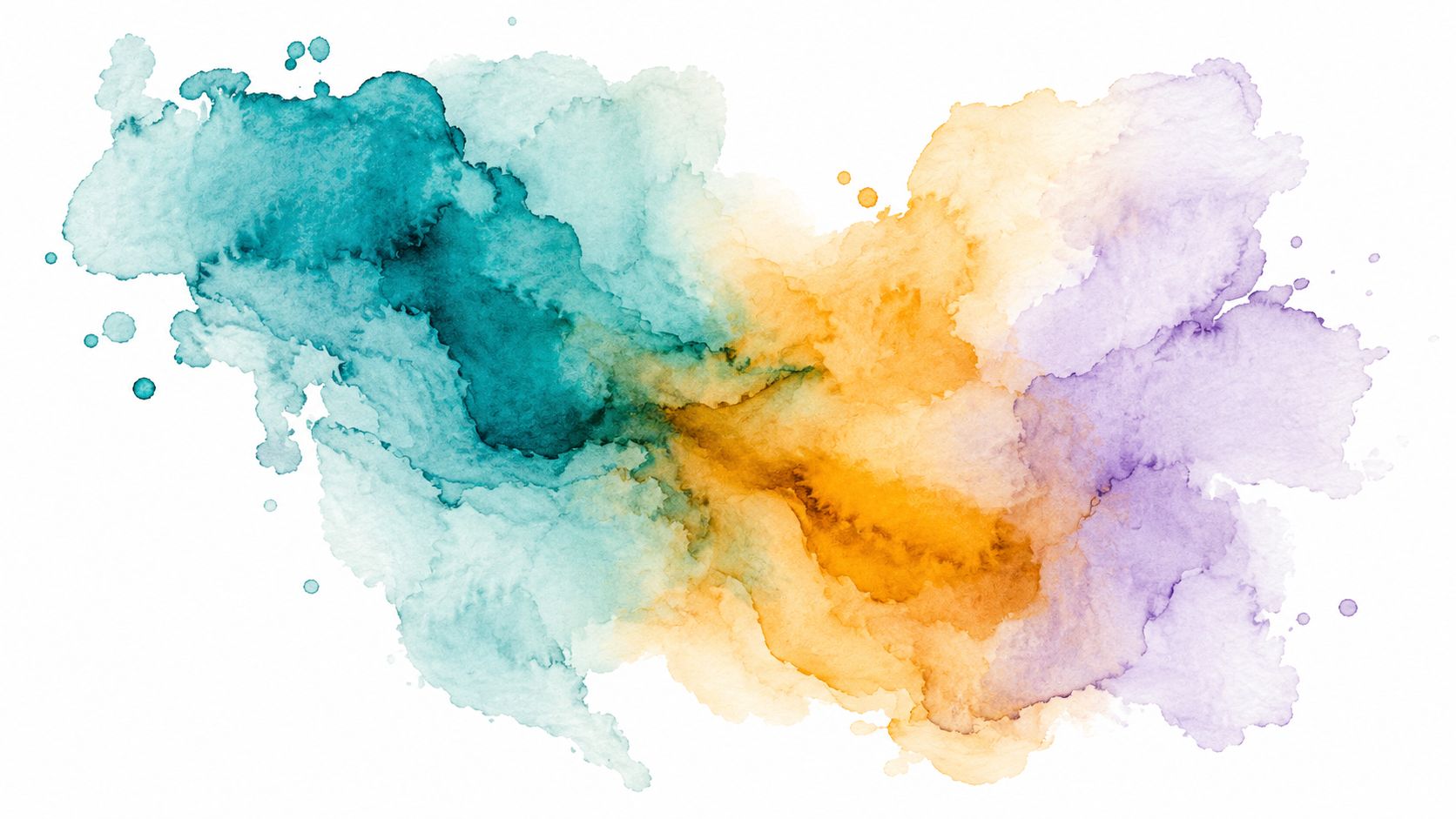 A vibrant watercolor abstract art composition blending teal, golden yellow, and soft purple paint on white paper.