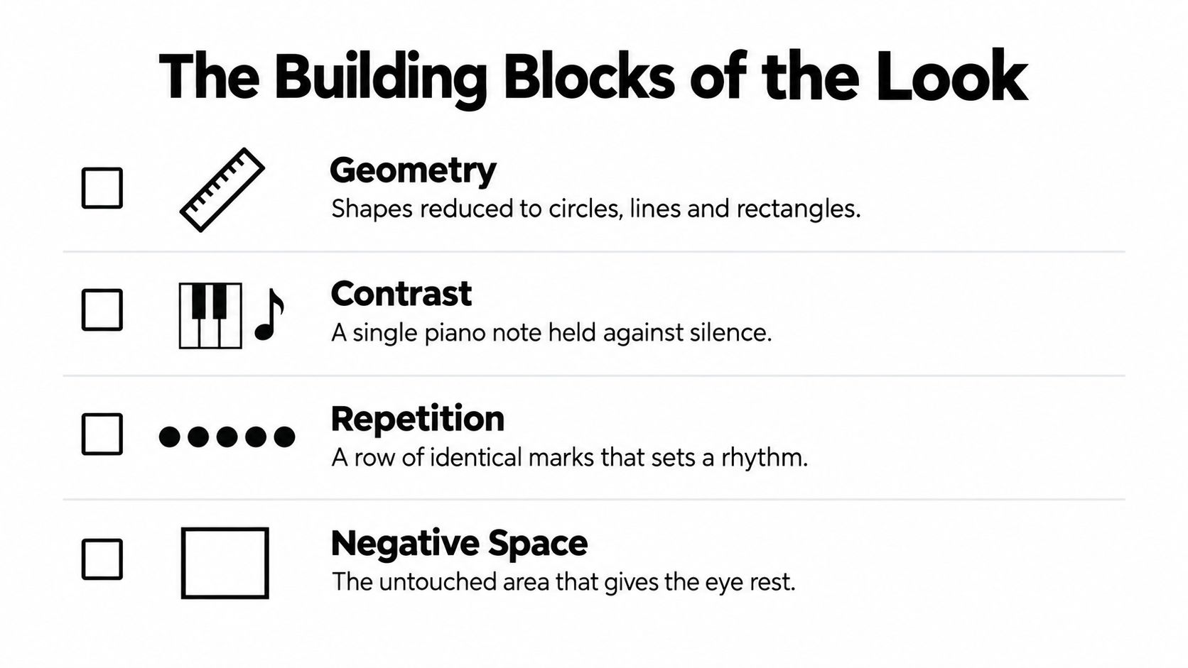 A list titled The Building Blocks of the Look with icons for geometry, contrast, repetition, and negative space.