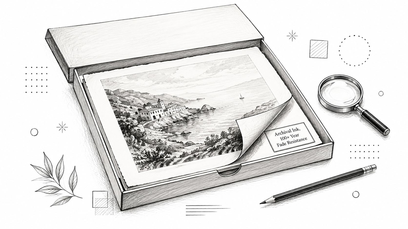 An artistic sketch of a coastal village scene placed inside a box with a magnifying glass and pencil.
