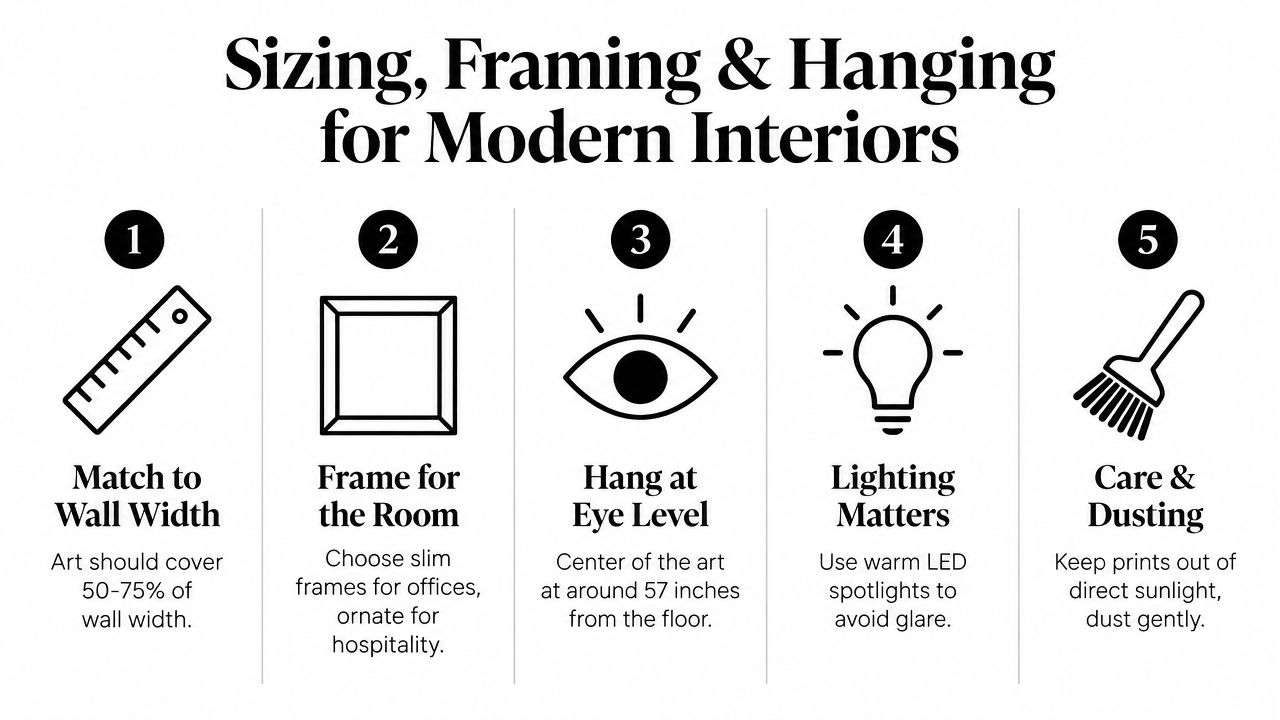 A five-step guide illustration explaining the best practices for sizing, framing, and hanging modern interior wall art.