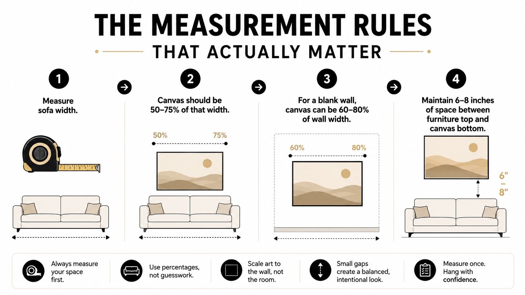 An infographic showing four steps for measuring and hanging canvas wall art above a sofa correctly.