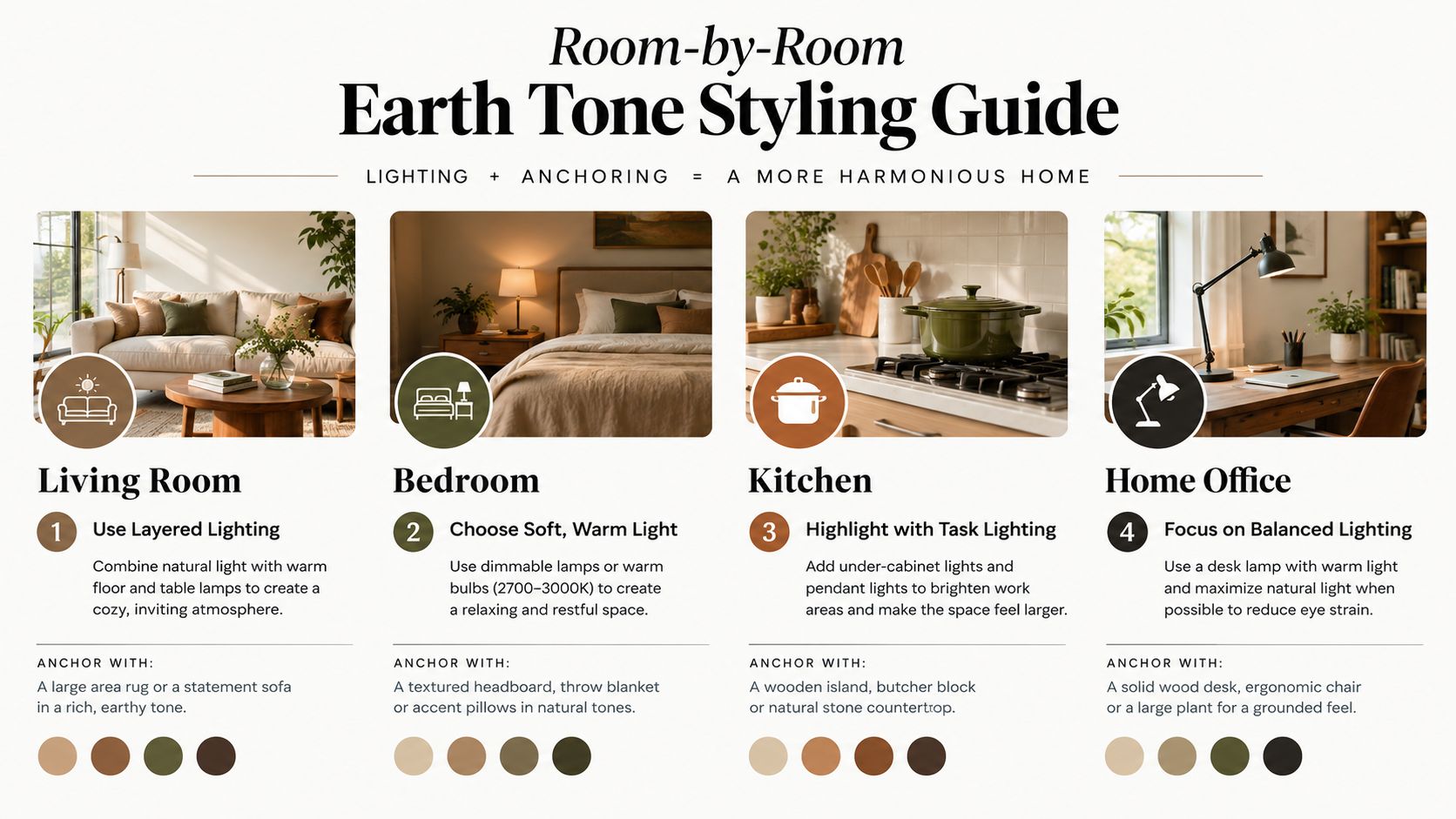 A room-by-room guide on using earth tones with layered lighting and natural textures to decorate your home.