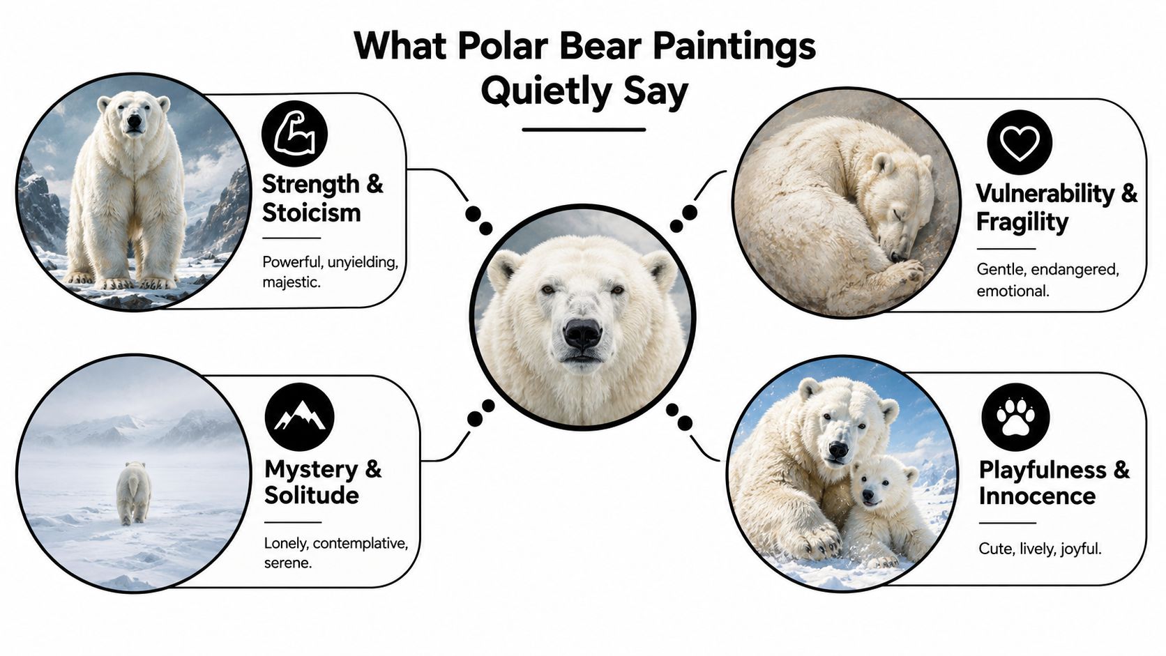An infographic illustrating four symbolic meanings of polar bear paintings, each paired with a representative image.