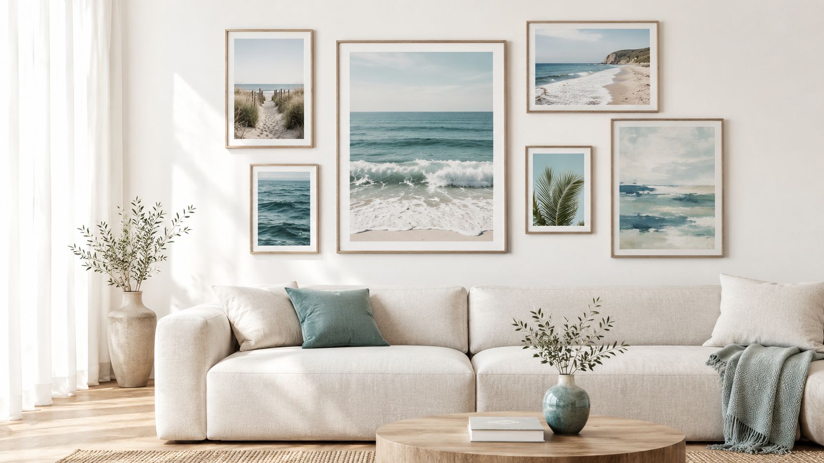 A minimalist living room featuring a comfortable white sofa with beach-themed framed wall art decorations.