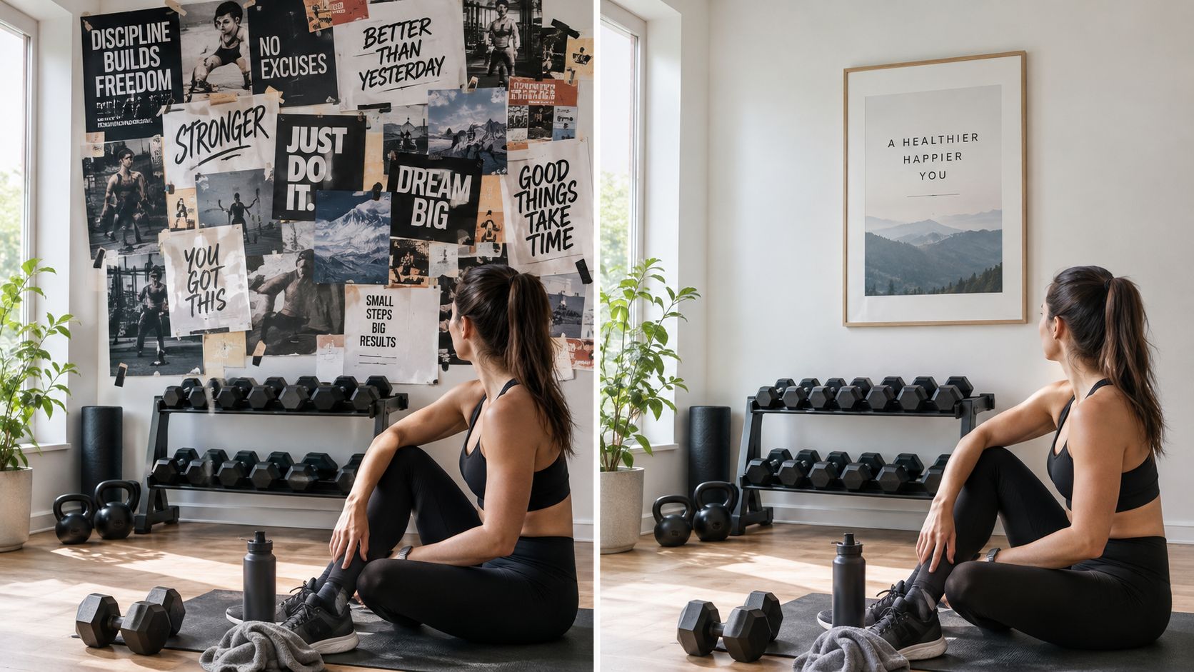 A woman sits on a gym mat in a home gym, comparing wall decor styles.