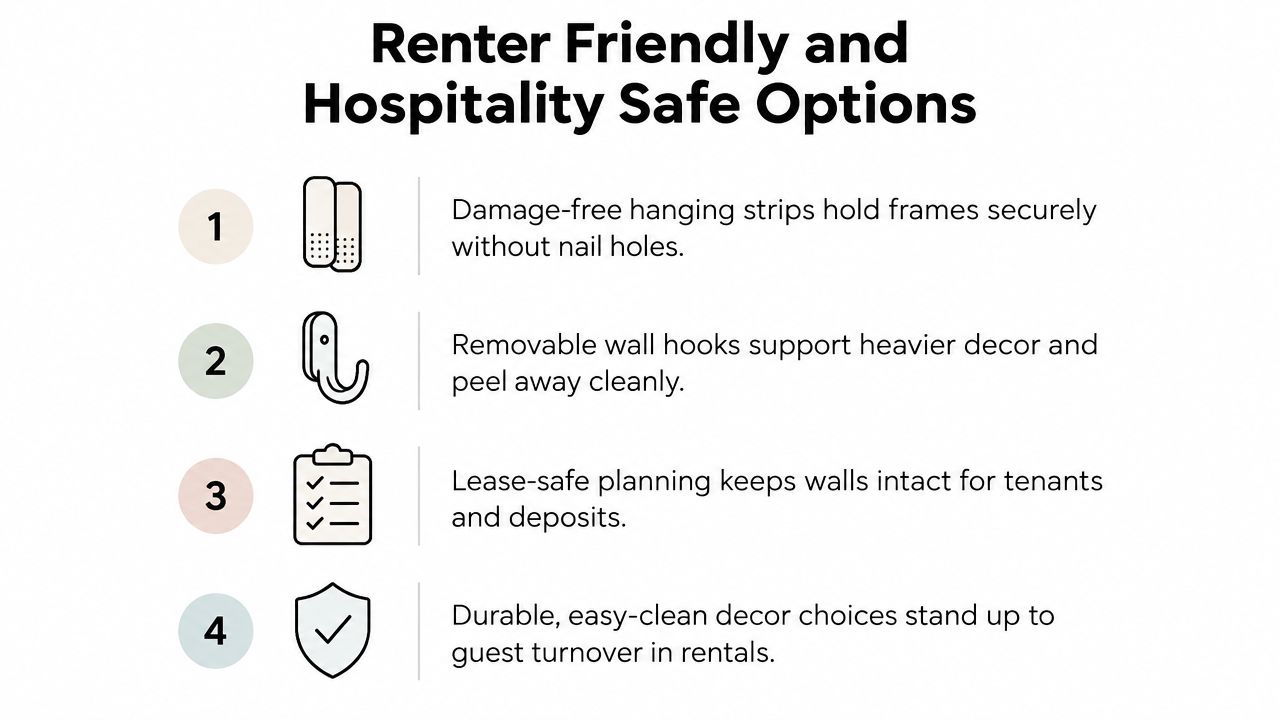 An infographic listing four renter-friendly and hospitality-safe options for wall decor without damaging walls.