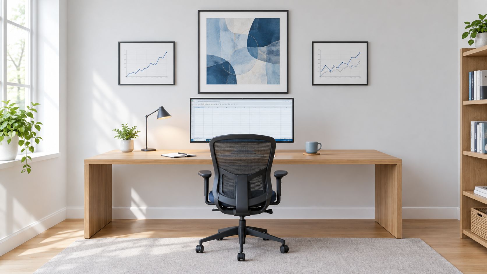 A modern home office setup featuring a wooden desk, ergonomic chair, monitor, and abstract wall art.