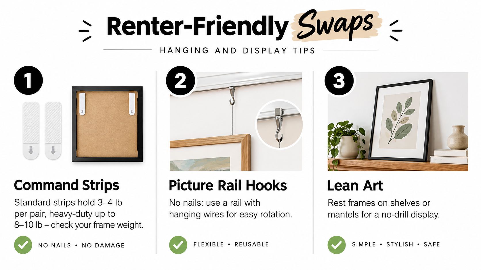 A graphic demonstrating three renter-friendly ways to hang and display wall art without using nails.