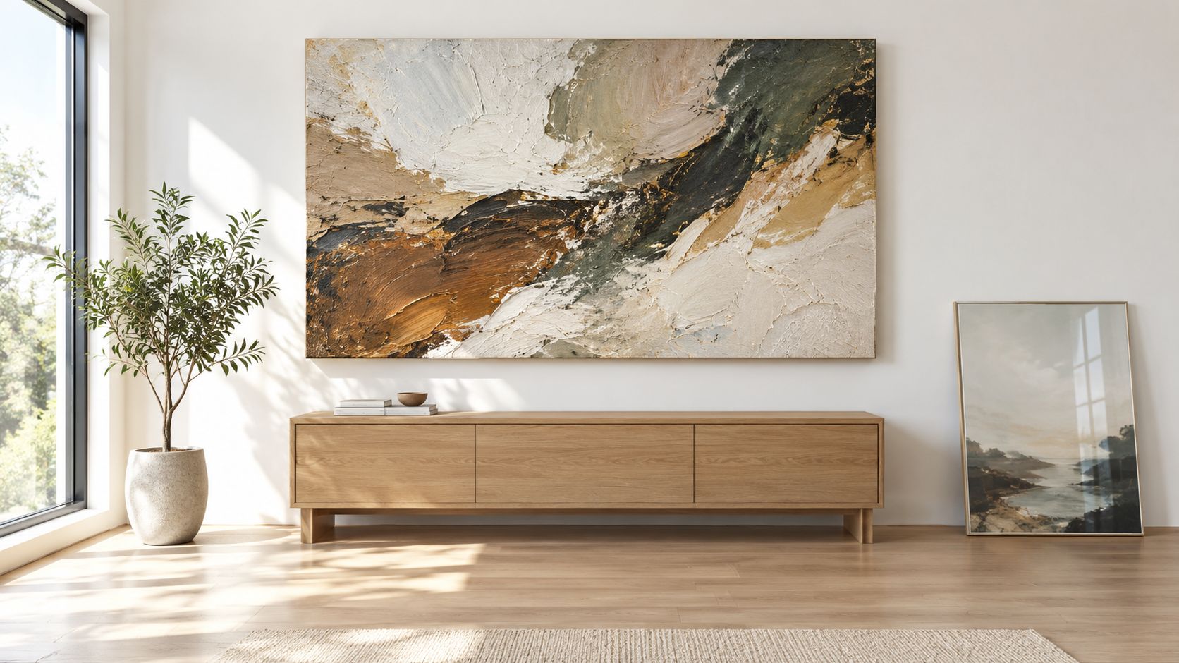 A modern living room featuring a large abstract textured painting above a minimalist light oak wooden console.