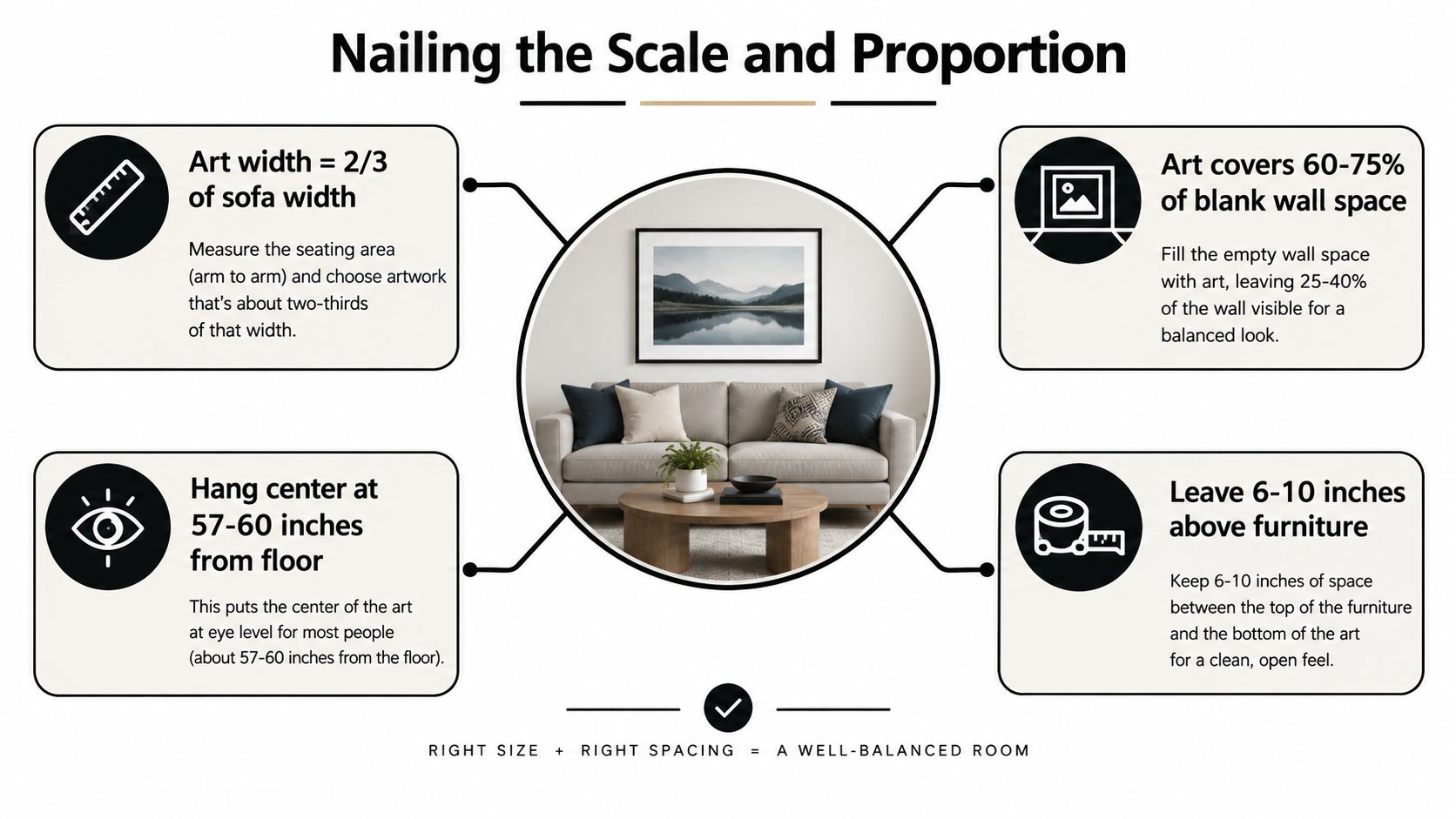 An infographic illustrating how to properly size and hang wall art above a sofa in a room.
