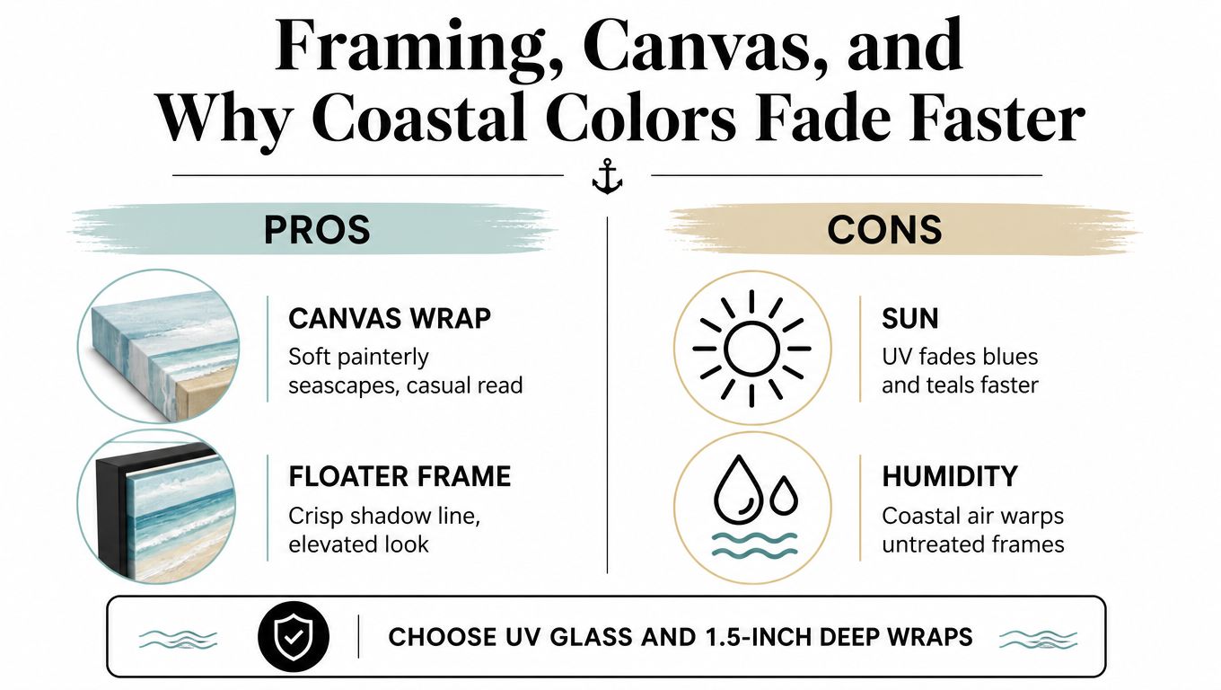 An infographic showing framing and canvas options for beach wall art with tips for preventing fading.