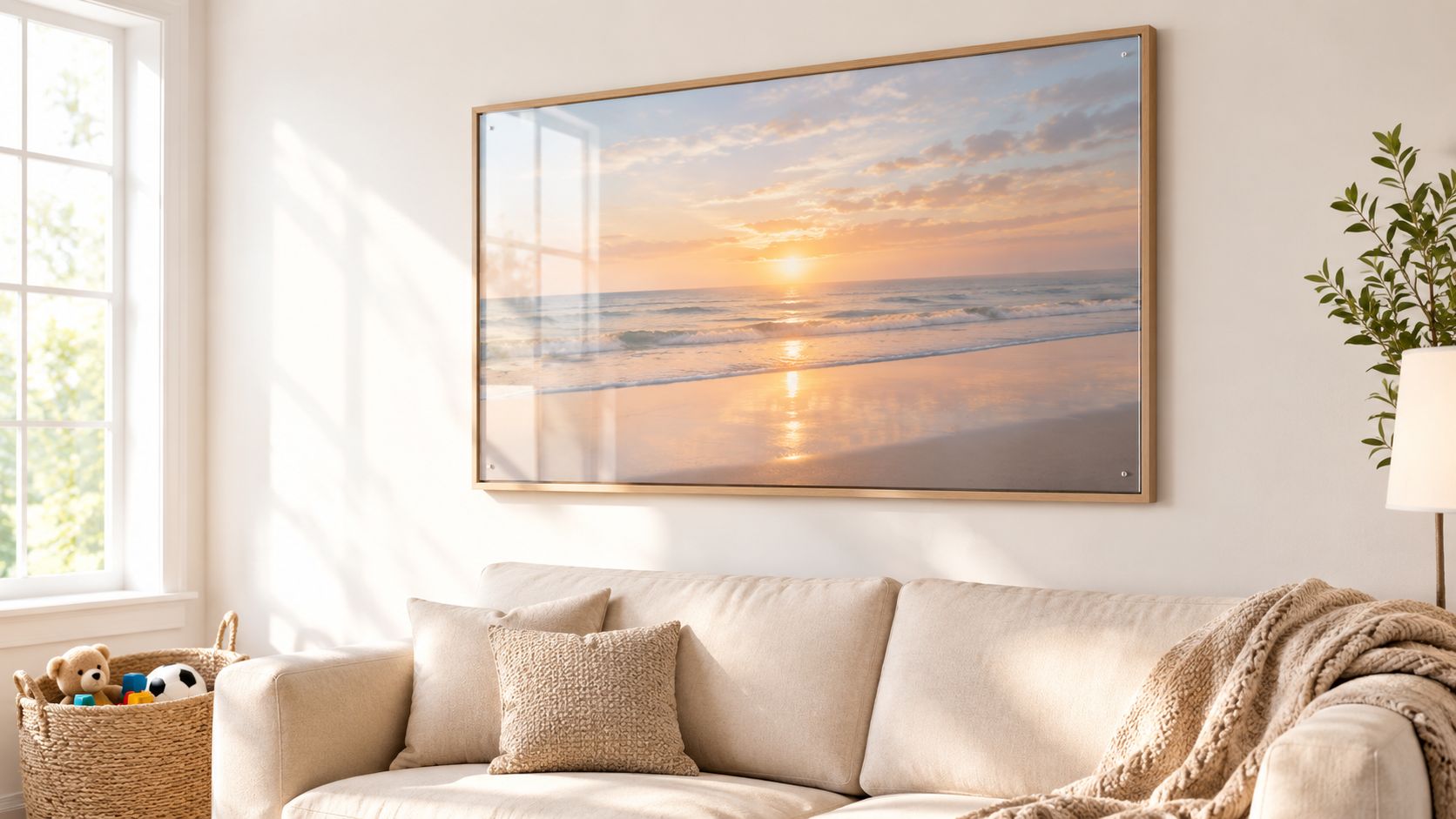 A cozy, sunlit family room featuring a large framed beach sunset artwork hanging above a beige sofa.