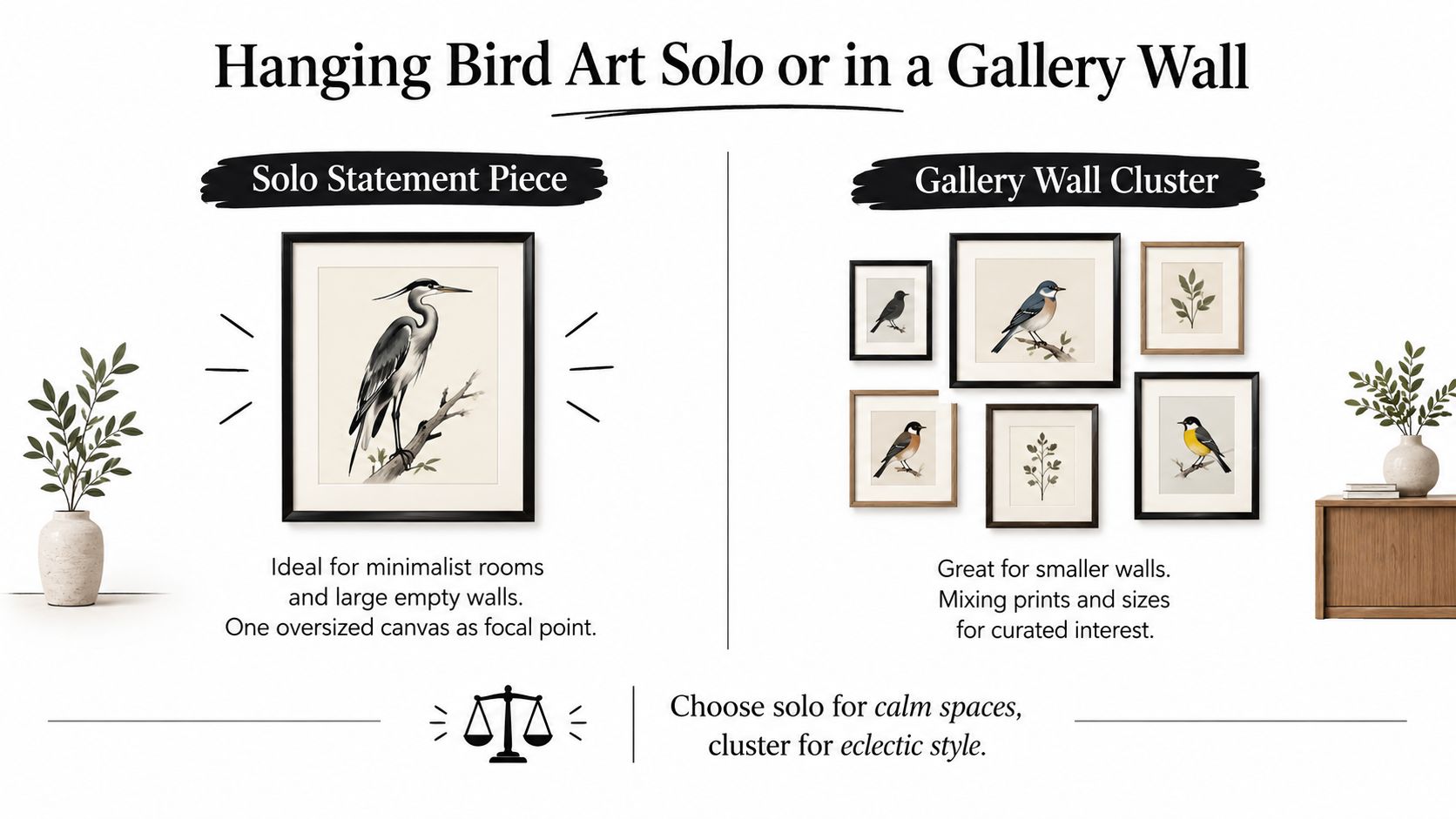 A graphic showing how to display bird art as a single statement piece or in a gallery cluster.