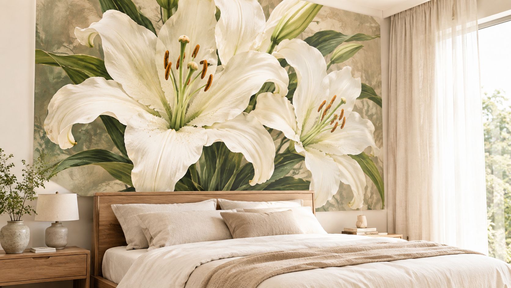 A modern bedroom with a large floral wall mural featuring white lilies above a wooden bed frame.