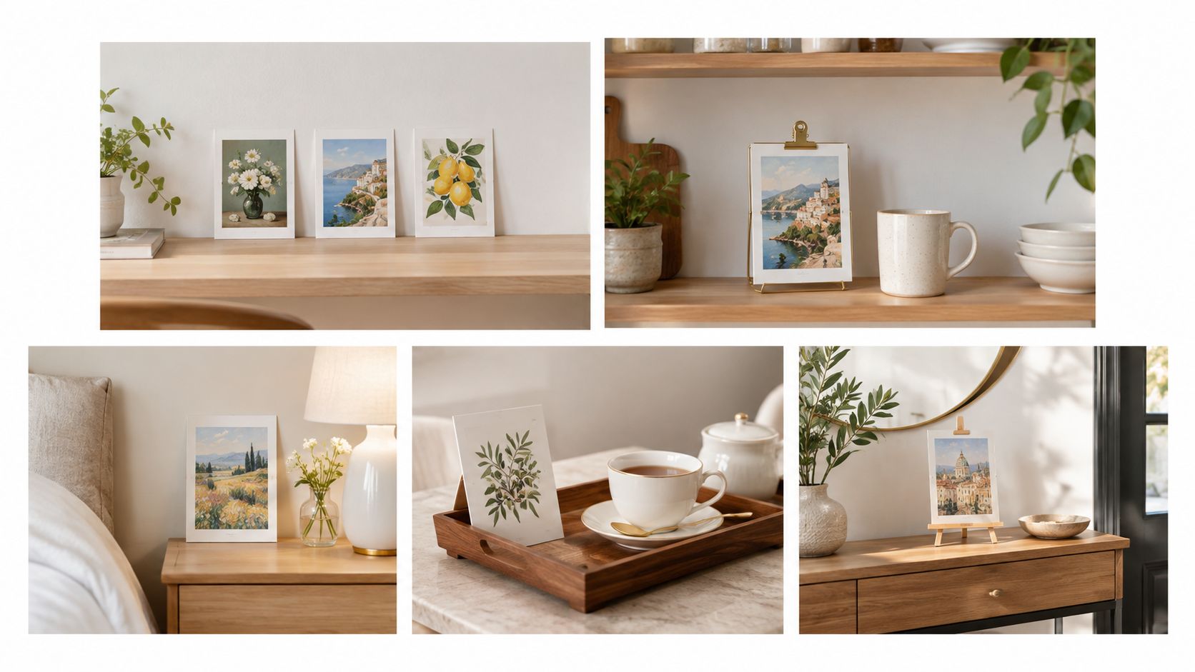 A collection of aesthetic 4x6 art prints featuring Italian landscapes and botanical illustrations in cozy home interiors.