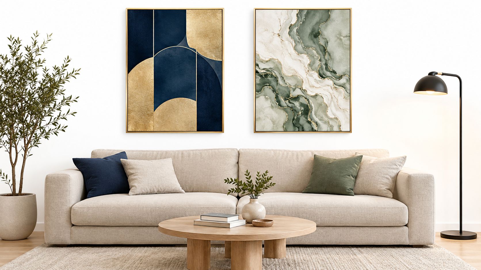 A modern living room featuring a beige sofa, potted plant, floor lamp, and framed abstract wall art.