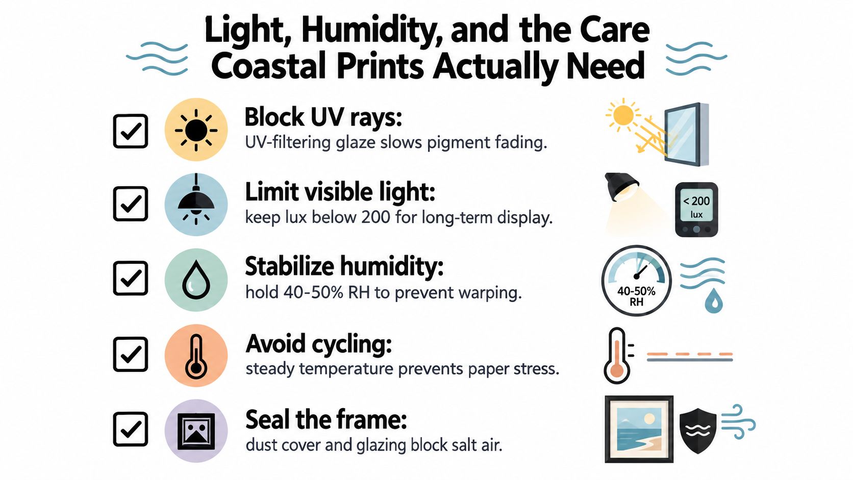 An infographic detailing essential care tips for protecting coastal artwork prints from humidity, light, and salt air.