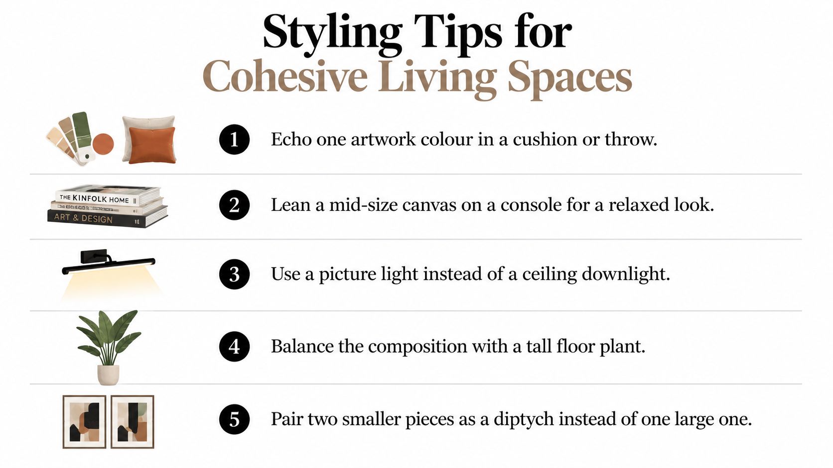 A list of five styling tips for creating cohesive living spaces featuring interior design decorative elements.