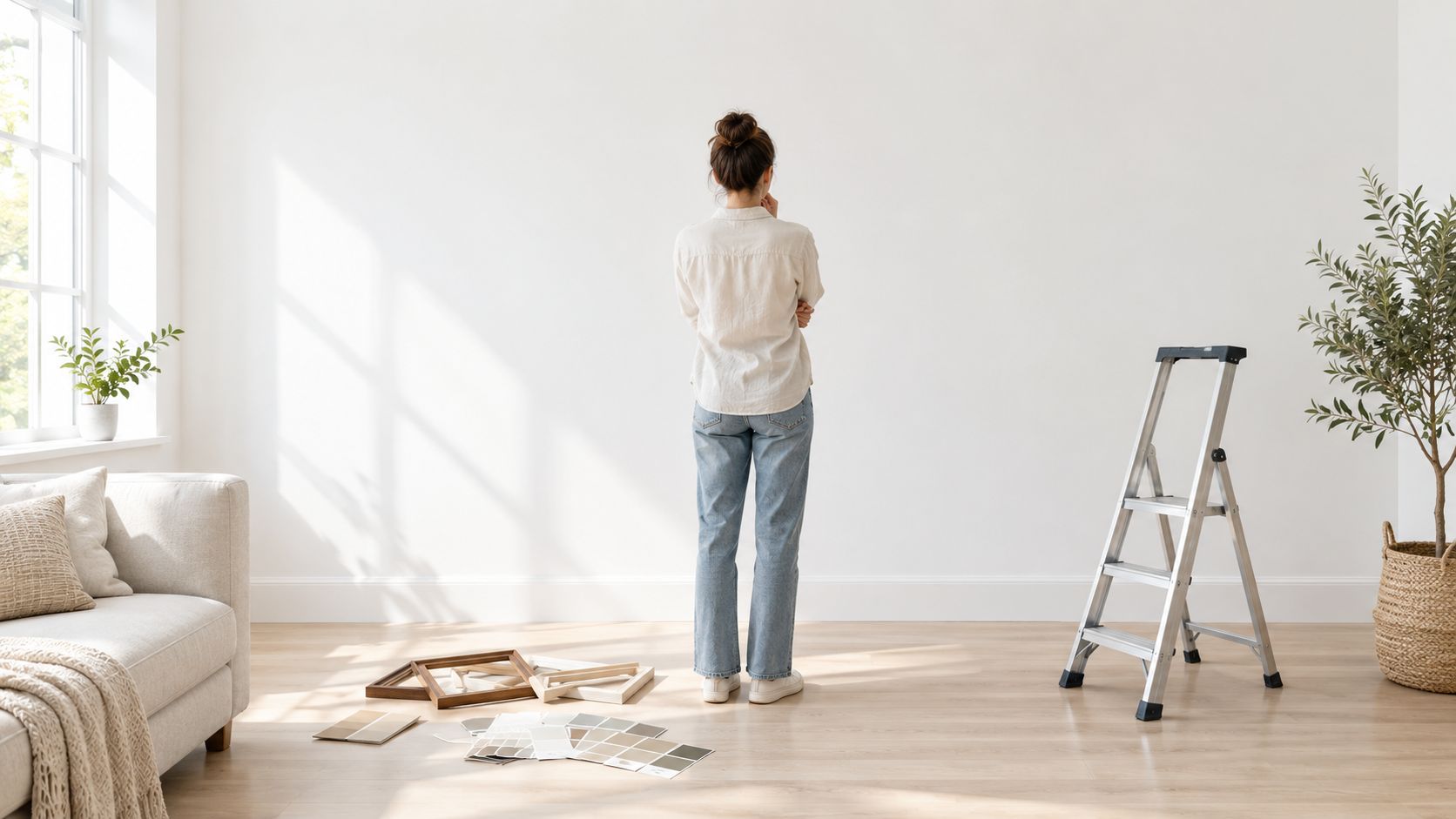 A woman stands in a bright room looking at a blank wall before hanging wall art decorations.