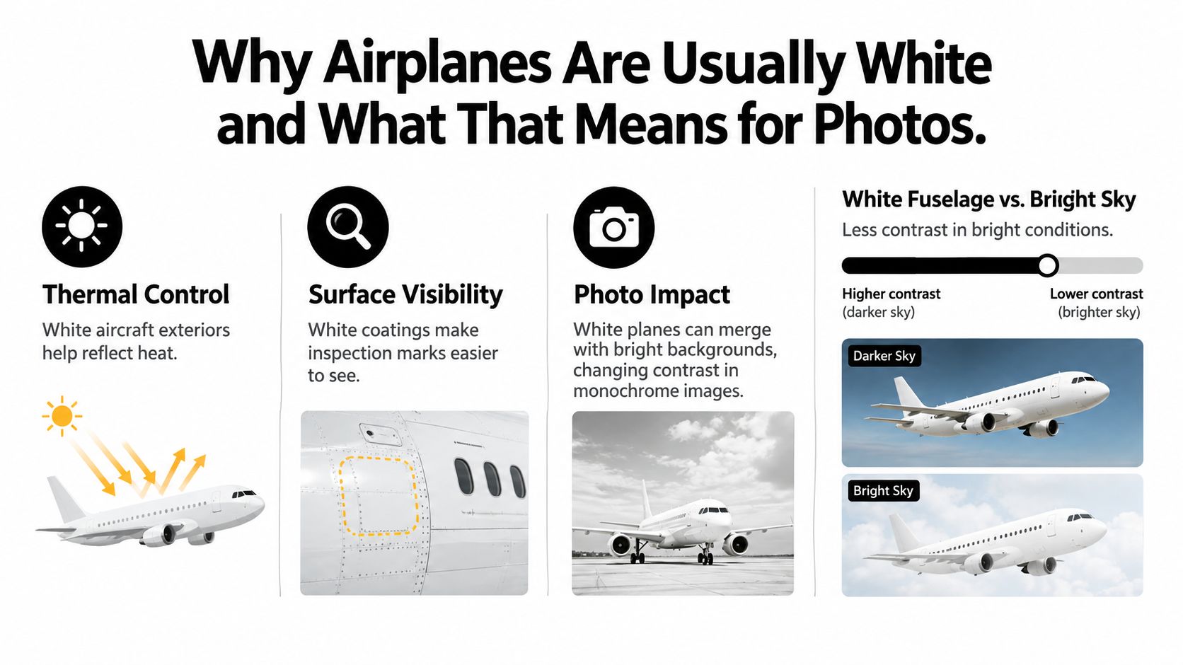An infographic explaining why airplanes are painted white for thermal control, inspection visibility, and photographic contrast effects.