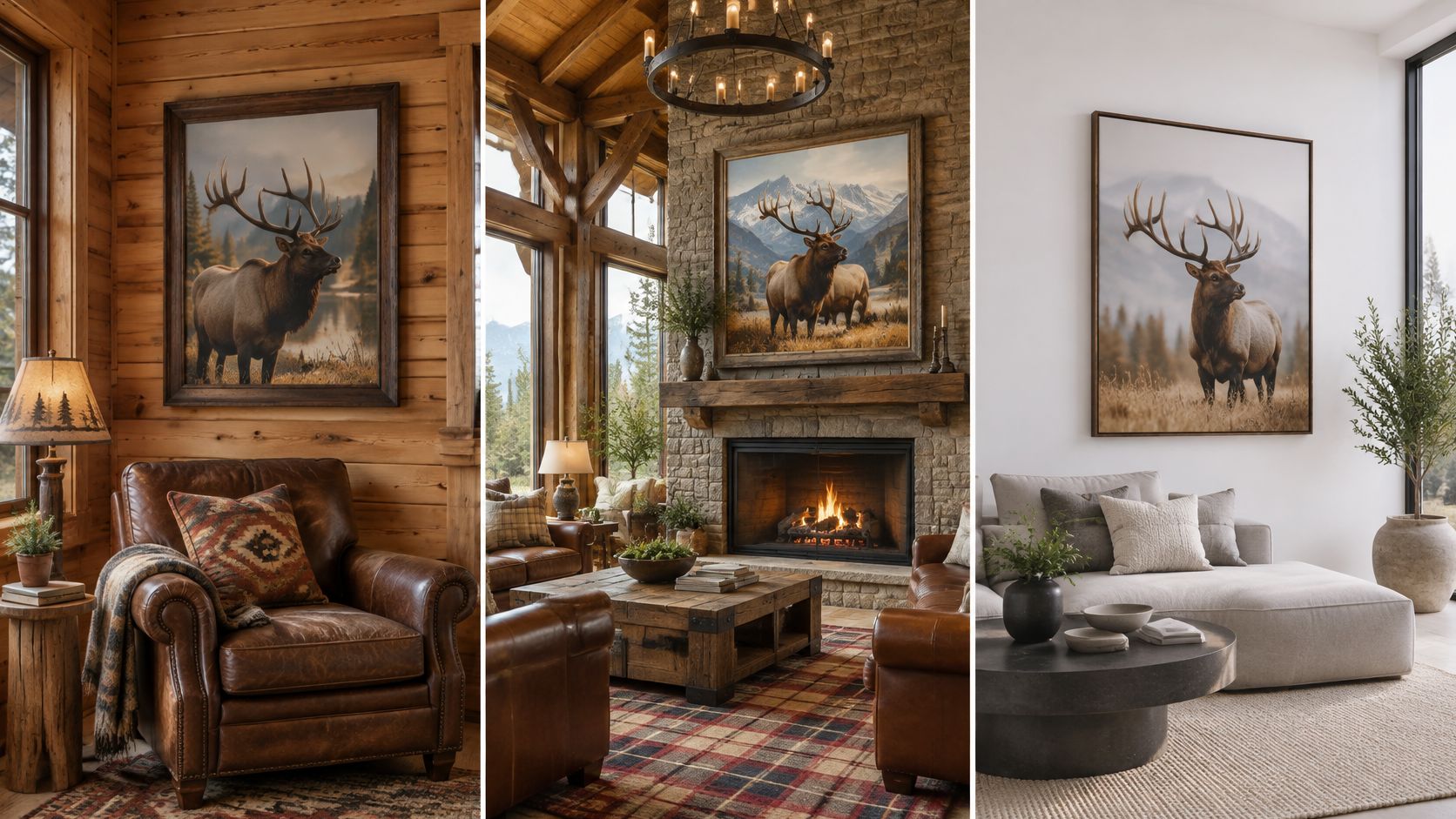 A collage showing three different interior design styles featuring large, framed wall art of a bull elk.